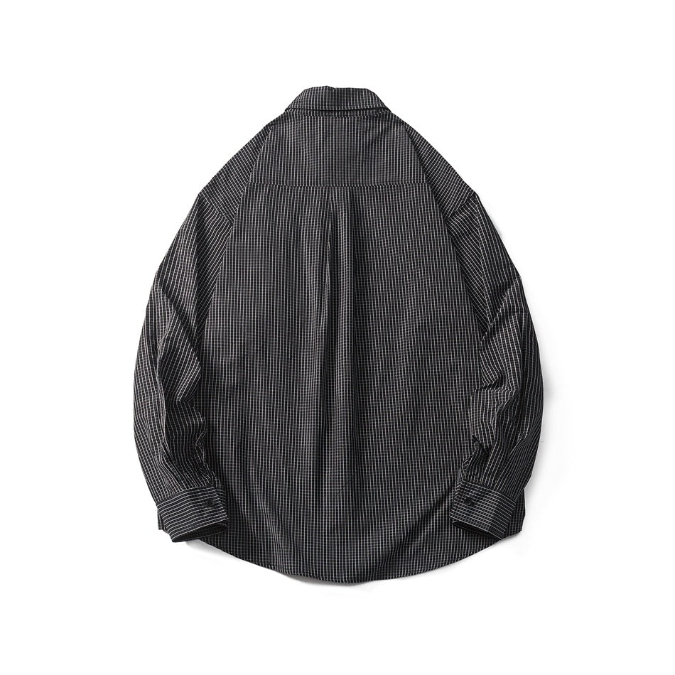 Back view of a black fine-grid button-up shirt laid flat on a white background.