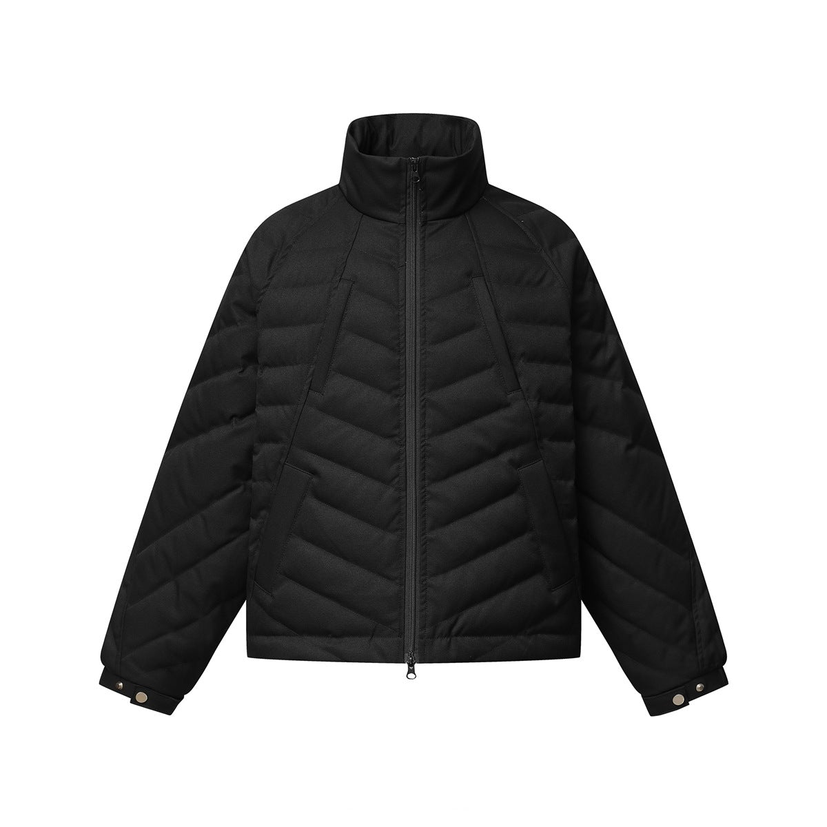 Black stand-collar quilted zip jacket with chevron channels, angled pockets and snap cuff tabs, flat front view