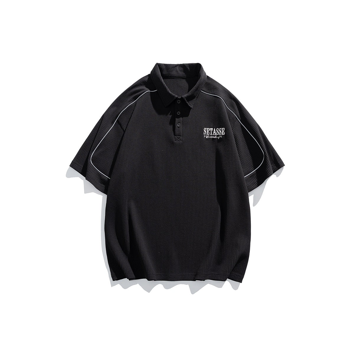Black waffle-textured short-sleeve polo shirt with light piping on the sleeves and small embroidered chest lettering, front