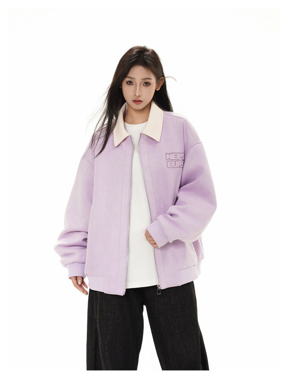 Model wearing open lavender suede-look jacket with cream collar and ribbed cuffs over a white tee and dark pants