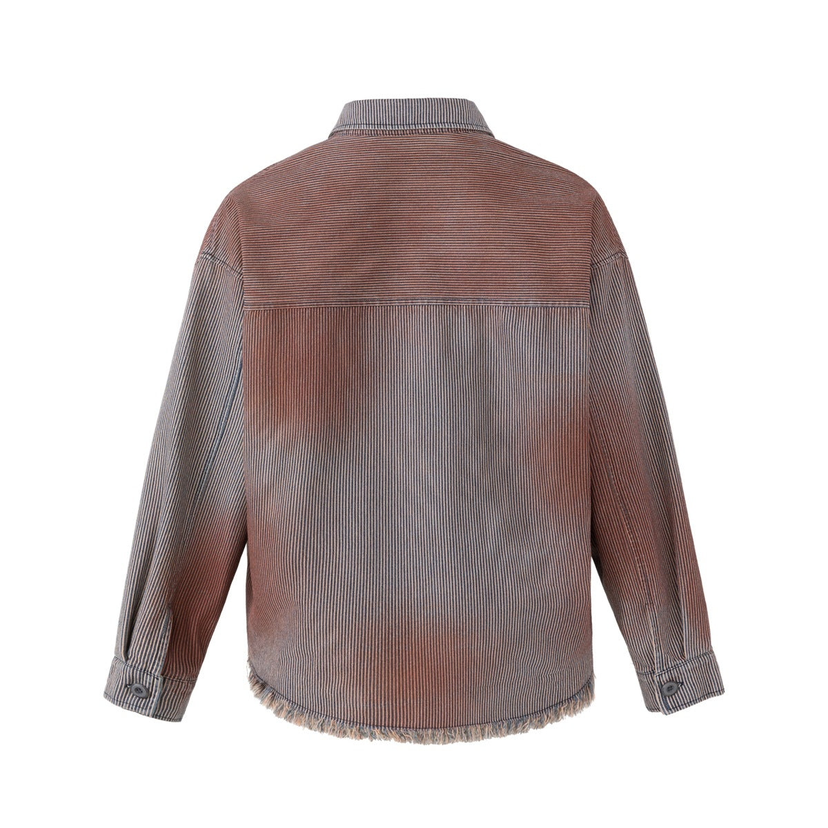 Back view of a rust-brown pinstriped shirt jacket with a contrasting horizontal yoke and frayed hem.