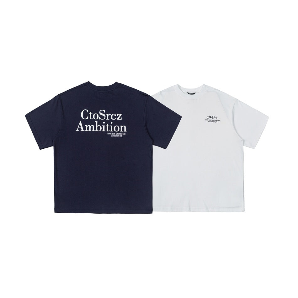 Navy and white T-shirts displayed together, showing a large back print and a small chest print.