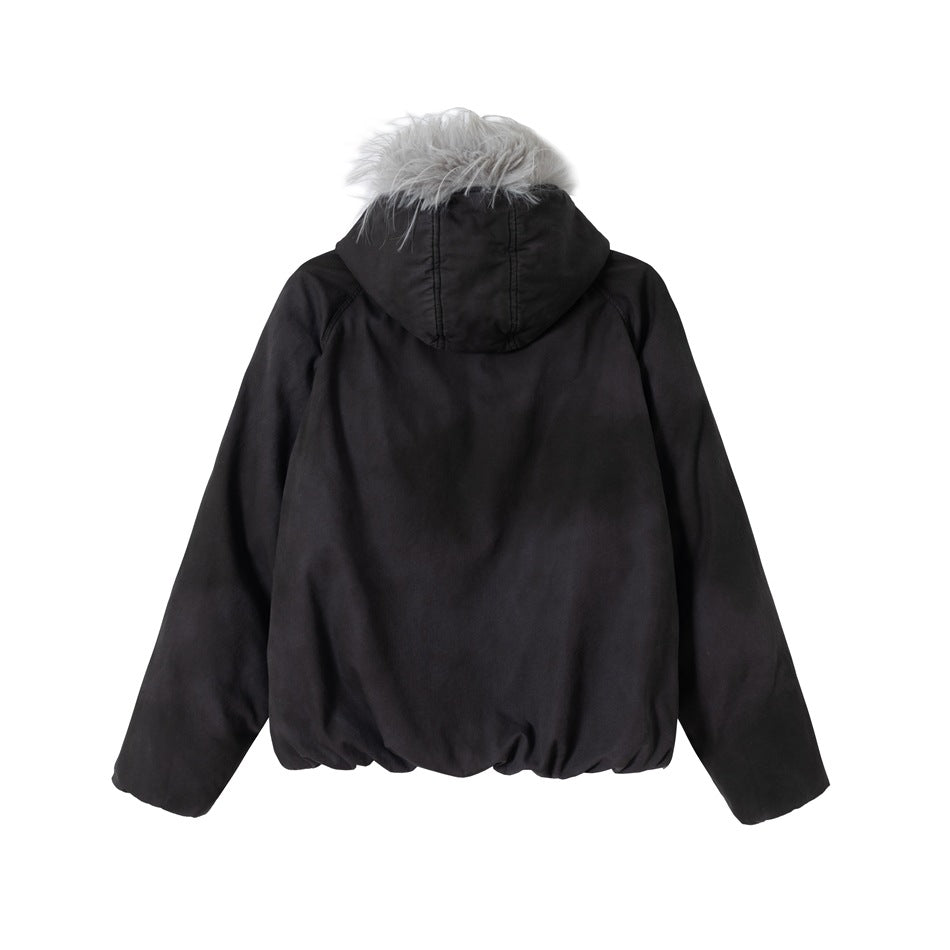 Back view of a dark hooded jacket with pale fur trim, shown against a plain white background.