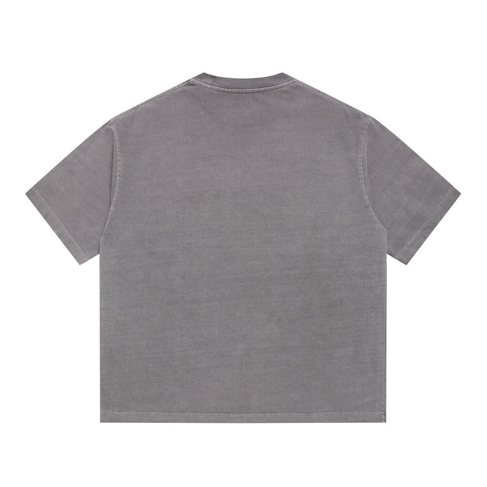 Back view of a plain gray short-sleeve crew-neck T-shirt laid flat.