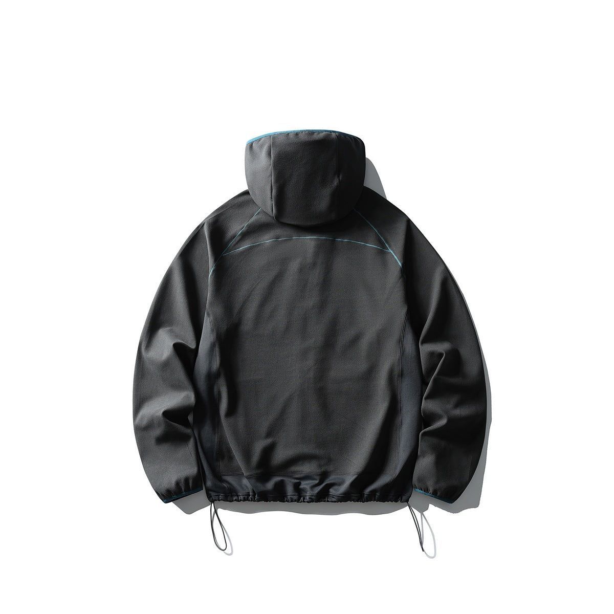 Rear view of a black hooded jacket with blue-green seam accents and drawcords at the hem.