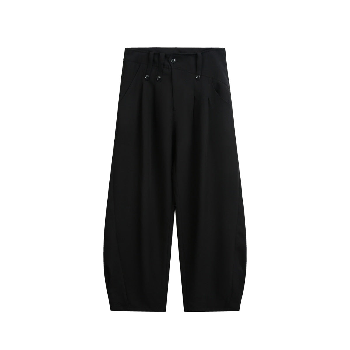 Black wide-leg trousers shown from the front on a white background, with a buttoned tab waistband and pleats.
