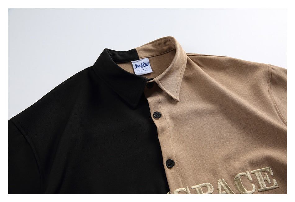 Close-up of the shirt's split black-and-tan collar, button placket, and sewn RealSpace neck label.