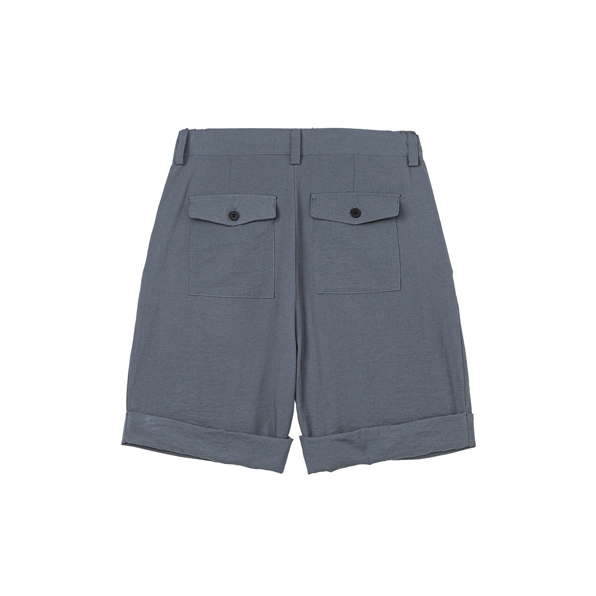 Back view of slate gray shorts with belt loops, two button-flap pockets, and cuffed hems.