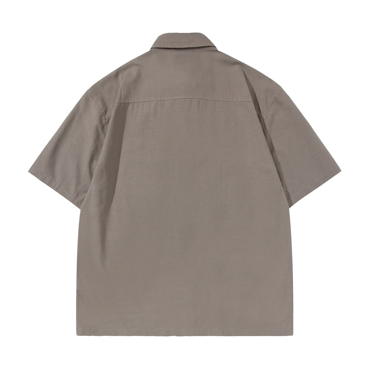 Back view of a taupe short-sleeve button-up shirt with a horizontal yoke seam.