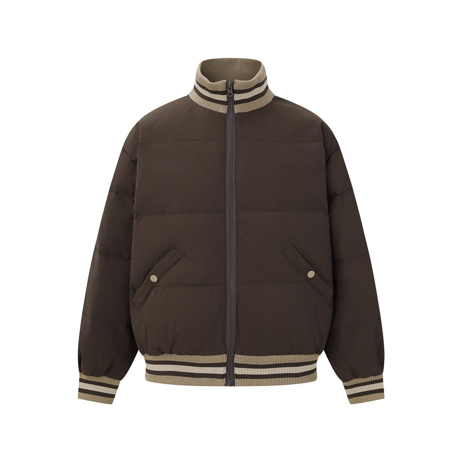 Coffee brown quilted bomber jacket with beige and cream striped rib collar, cuffs and hem, front zip and flap pockets