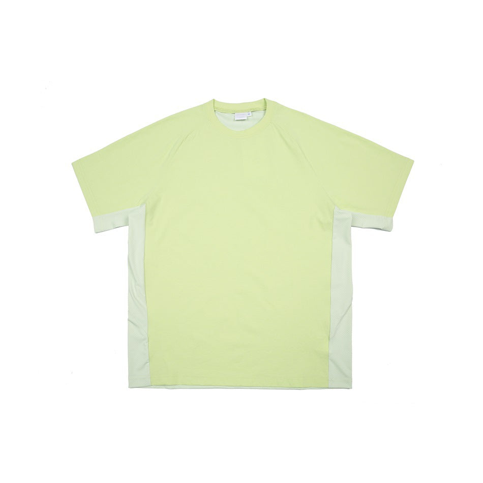 Front view of a pale lime-green short-sleeve raglan shirt with pale mint side panels.