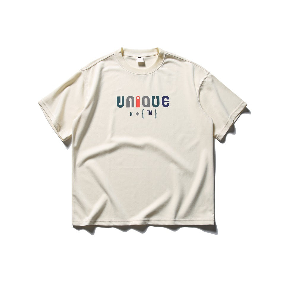 Off-white short-sleeve crew-neck T-shirt with multicolor UNIQUE graphic on the chest, flat lay front view
