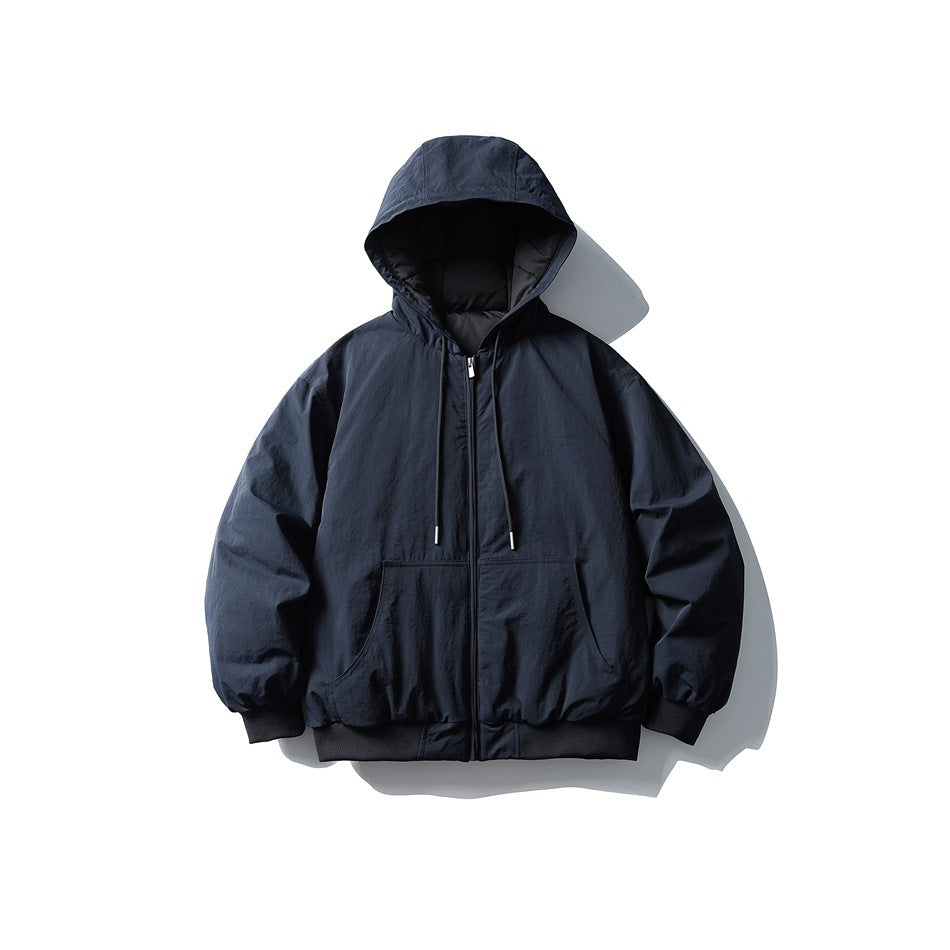 Navy blue hooded zip-front puffer jacket with drawstring hood, front pouch pocket and ribbed cuffs, flat view