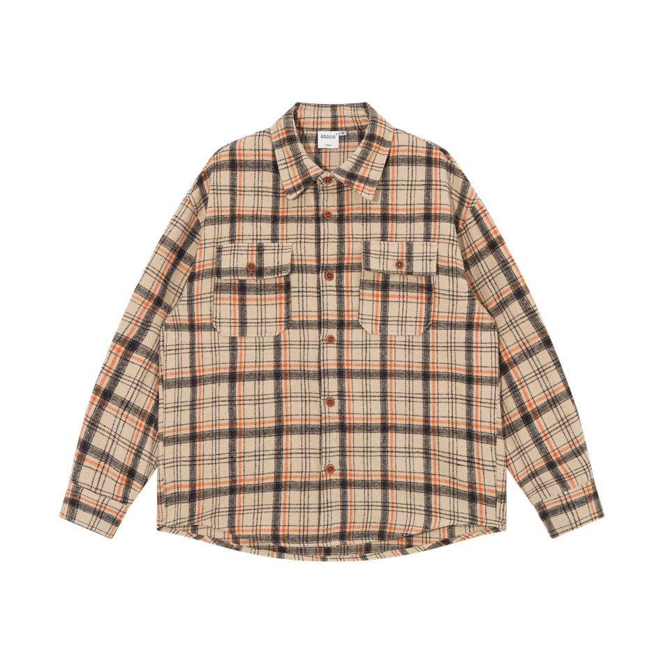 Khaki plaid button-front shirt with black and orange checks, flap chest pockets and brown buttons, flat lay front view
