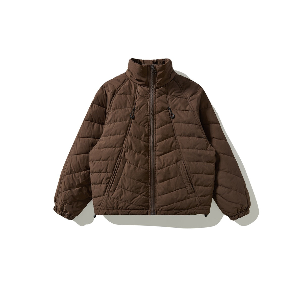 Coffee brown quilted stand-collar zip jacket with chevron quilting, flat front view