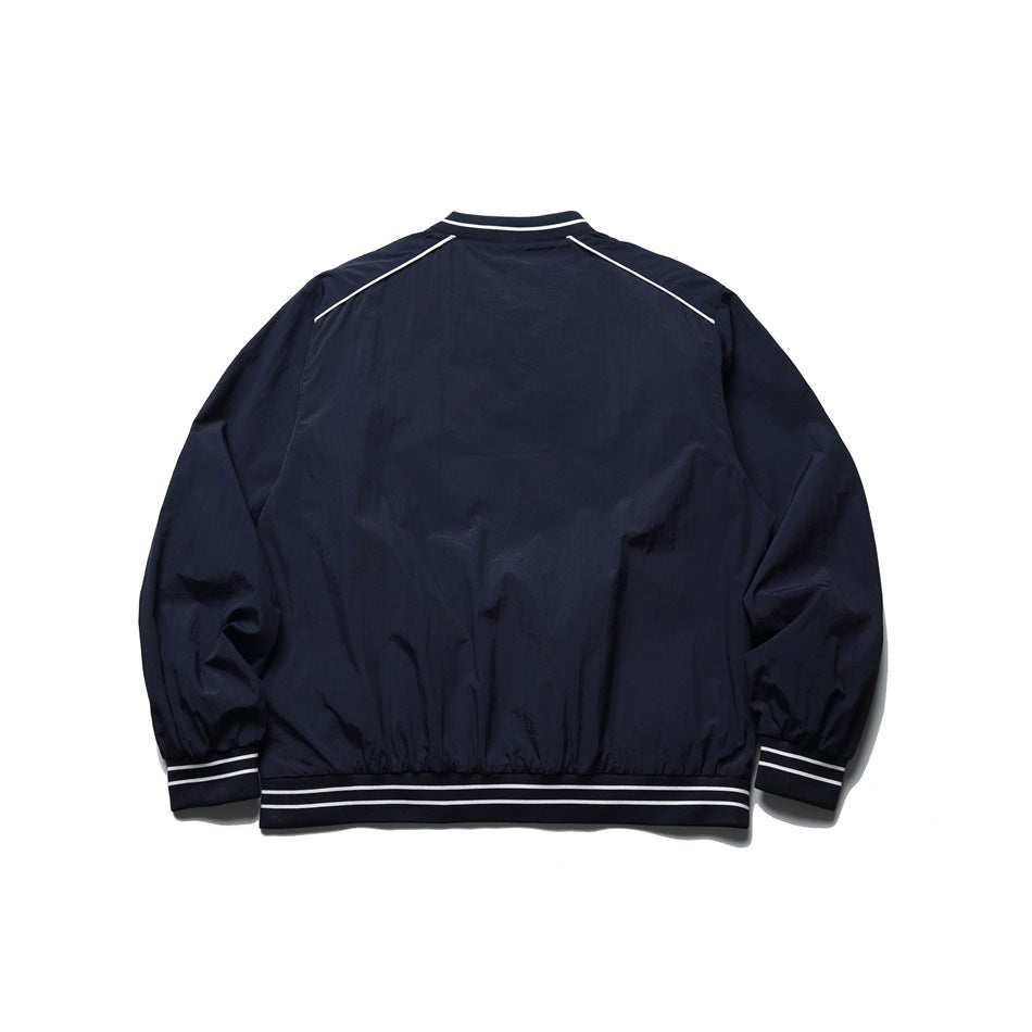 Full back view of a navy jacket with white shoulder piping and white-striped ribbed collar, cuffs, and hem.