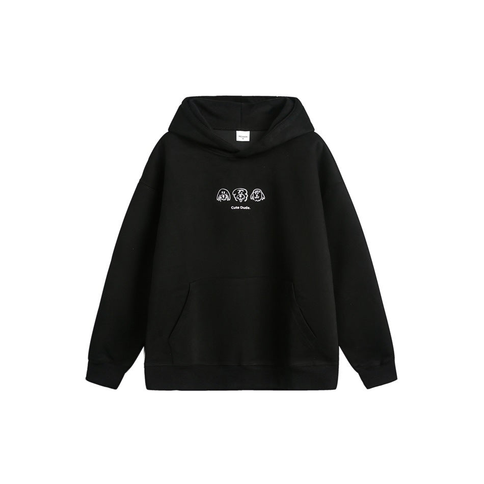Black pullover hoodie flat lay with small white dog line-art print and Cute Dude text, kangaroo pocket, ribbed cuffs