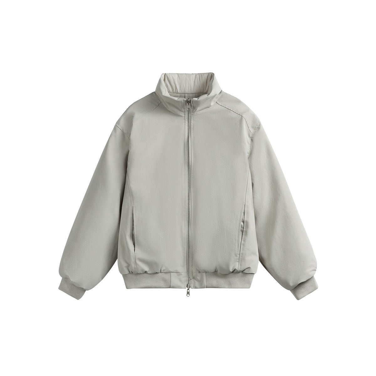 Gray stand-collar zip jacket with ribbed cuffs and hem, flat front view on a white background
