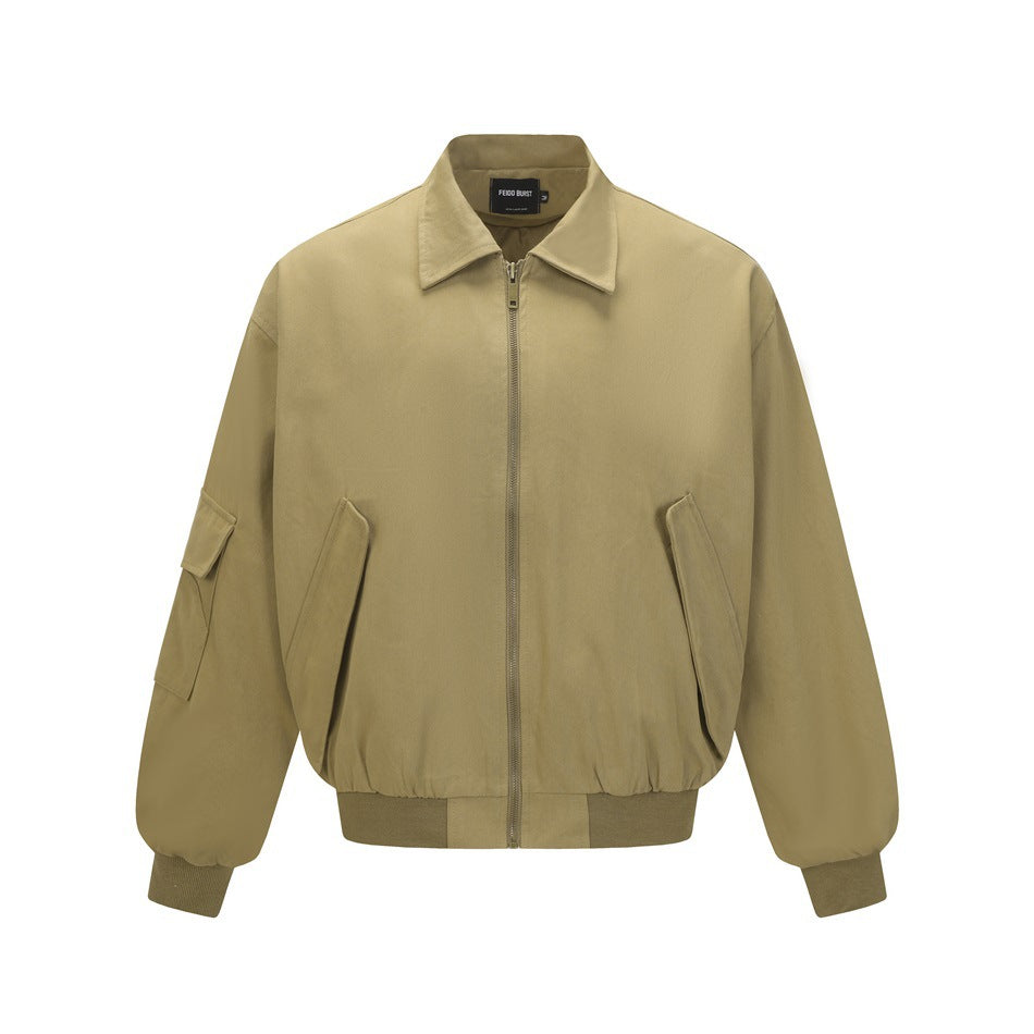 Khaki bomber-style jacket with collar, front zipper, flap pockets and ribbed hem and cuffs, front flat view
