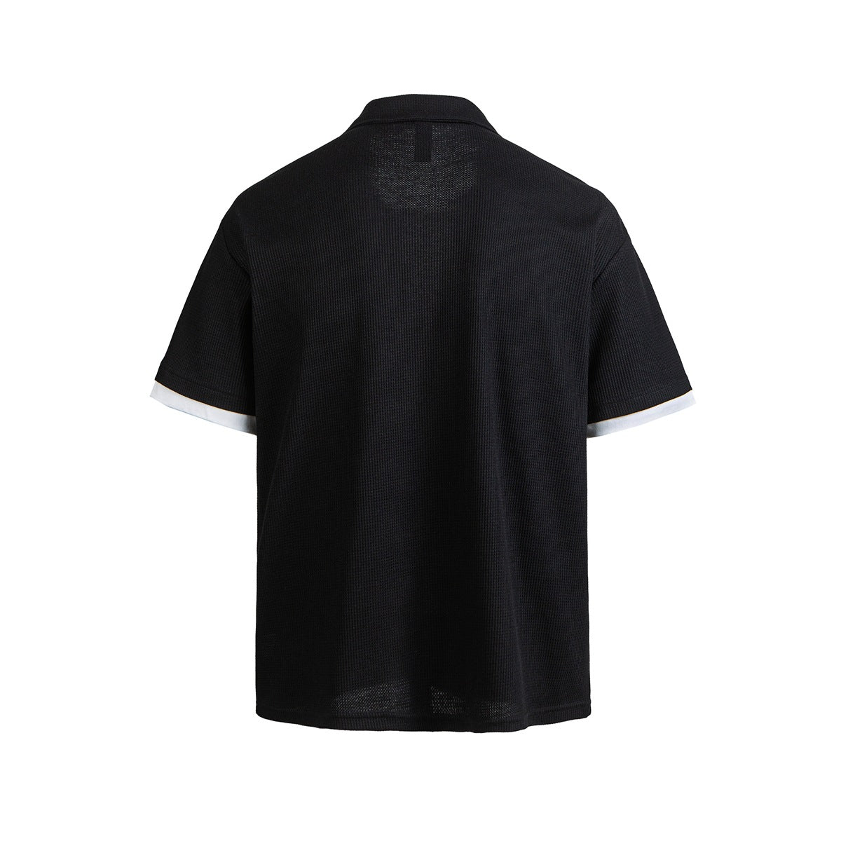 Back view of a black short-sleeve polo shirt with white sleeve trim.