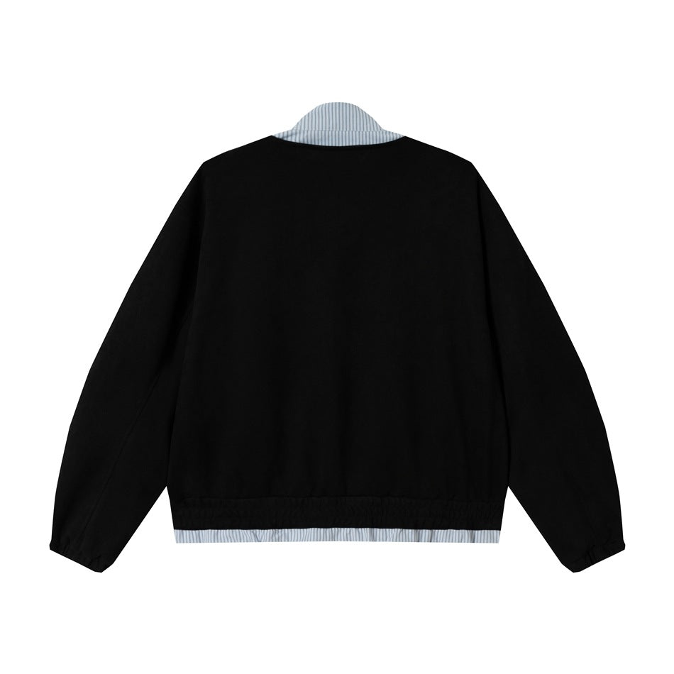 Back view of a black jacket with elastic cuffs and hem and blue-and-white striped trim at the collar and hem.