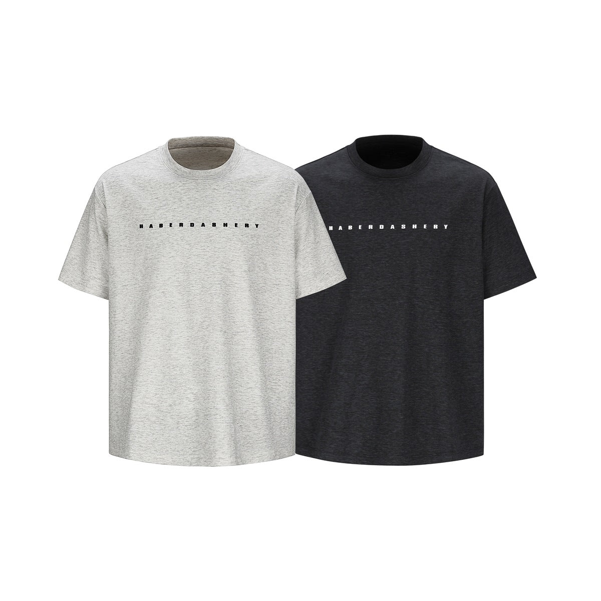 Two short-sleeve crew-neck T-shirts shown from the front: light gray and charcoal, both with small chest lettering.