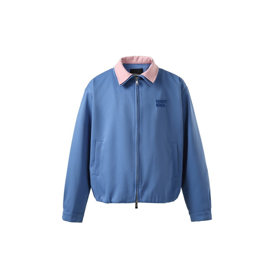 Blue zip-front jacket with pink contrast collar, front pockets and small embroidered chest logo, flat front view
