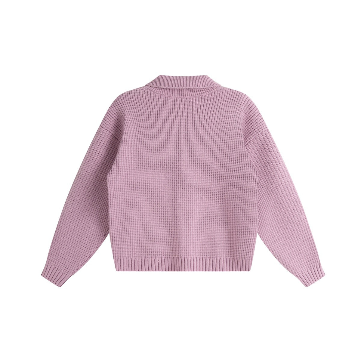 Back view of a dusty pink long-sleeve knit cardigan with a polo collar and ribbed cuffs and hem.