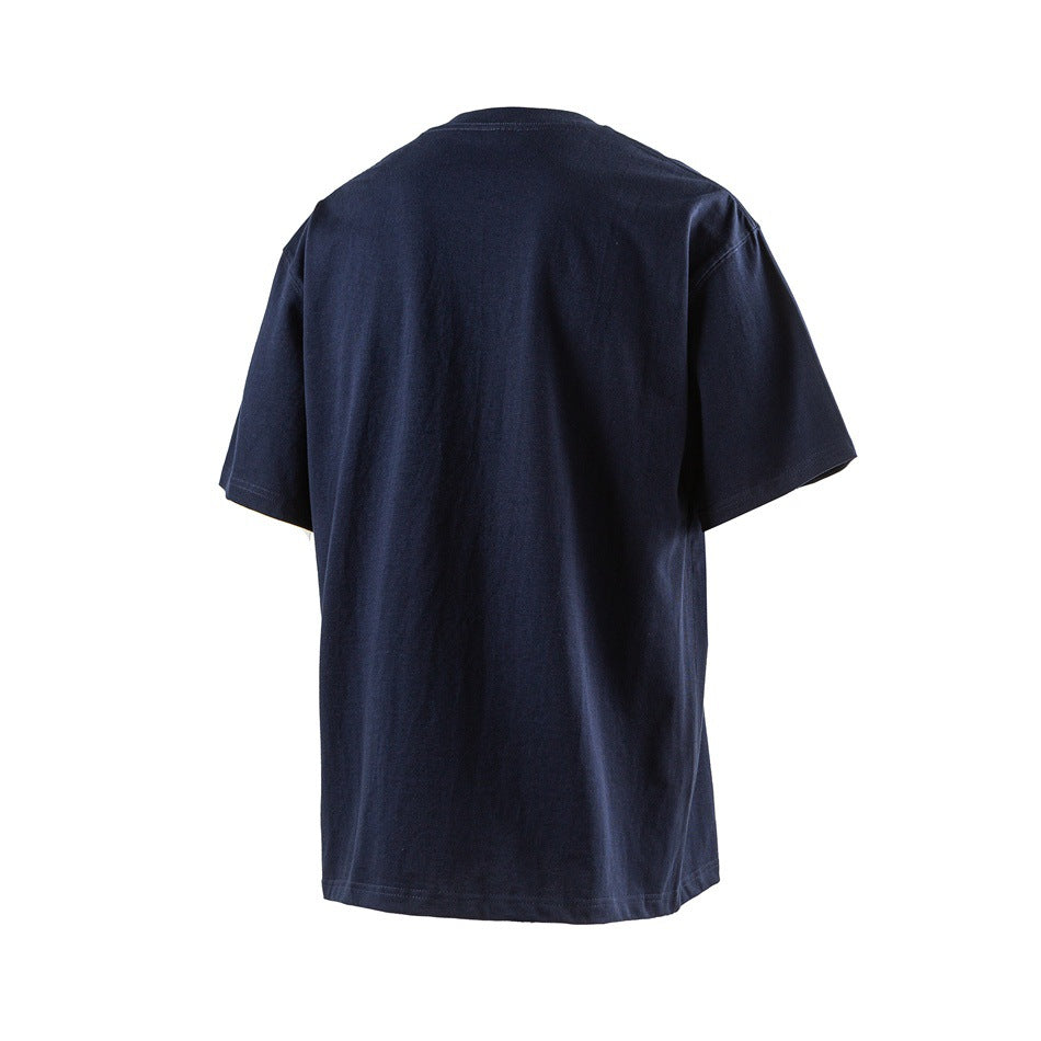 Plain dark navy short-sleeve T-shirt shown from the back against a white background.