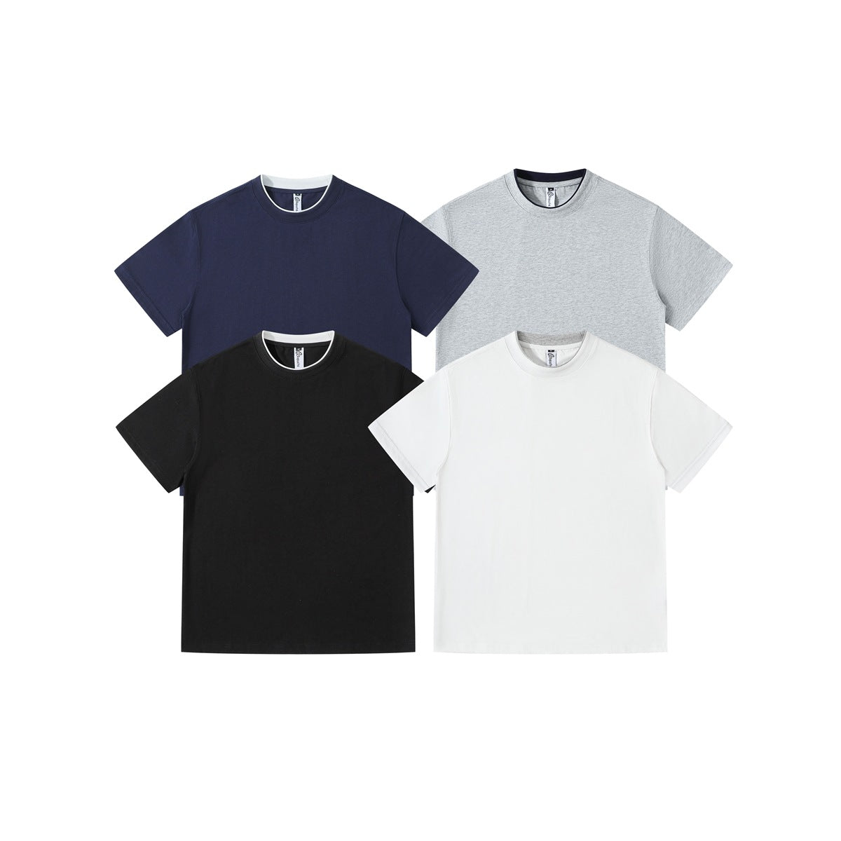 Four plain short-sleeve crew-neck T-shirts shown from the front in navy, light gray, black, and white.