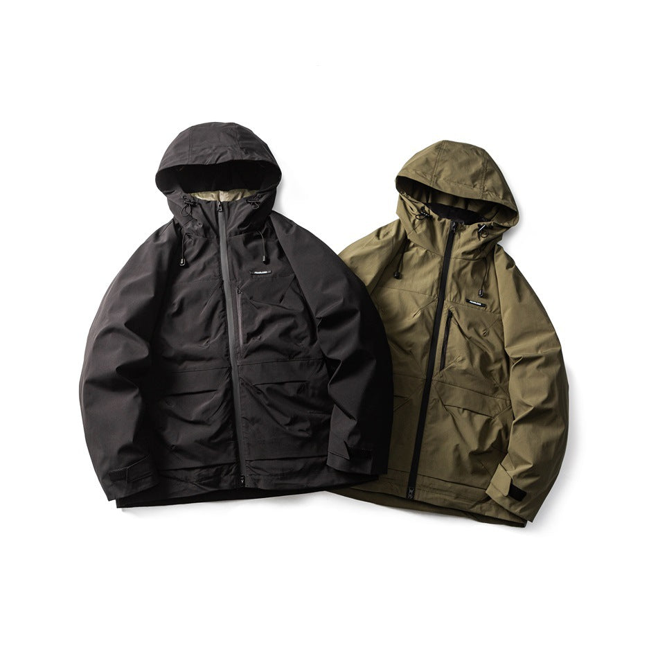 Two hooded jackets displayed together: one black and one olive, both with front zippers and multiple pockets.