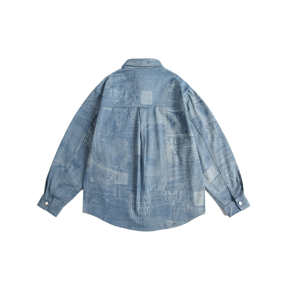 Back view of blue denim-print long-sleeve shirt with center pleat, curved hem and snap cuffs