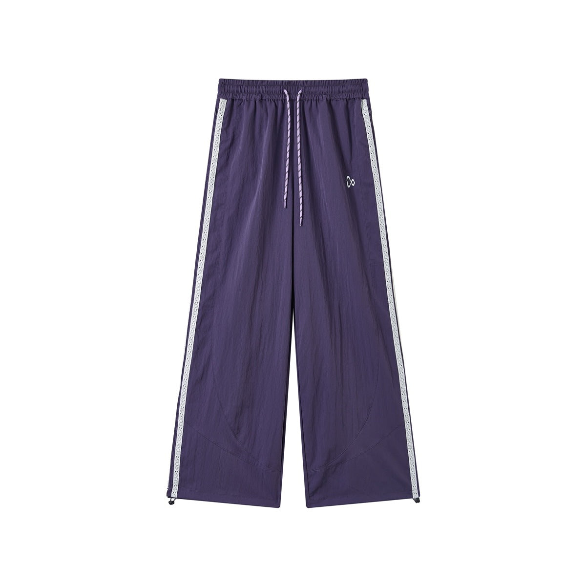 Purple wide-leg pants with drawstring waist, white side tape and hem toggles, front flat view