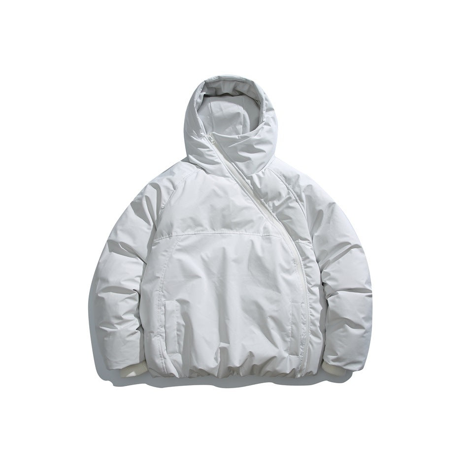 White hooded padded jacket with diagonal front zipper, flat lay on white background