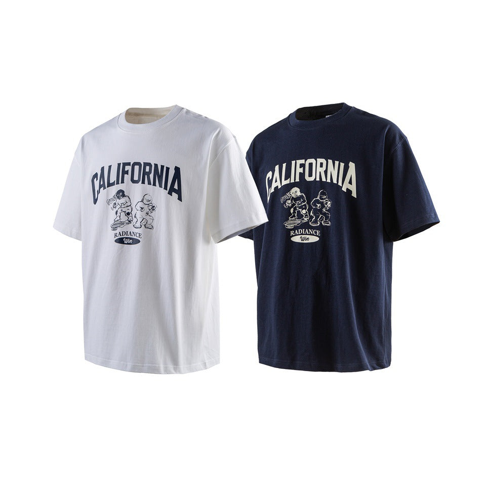 White and dark navy crew-neck T-shirts with short sleeves and matching illustrated California graphics.
