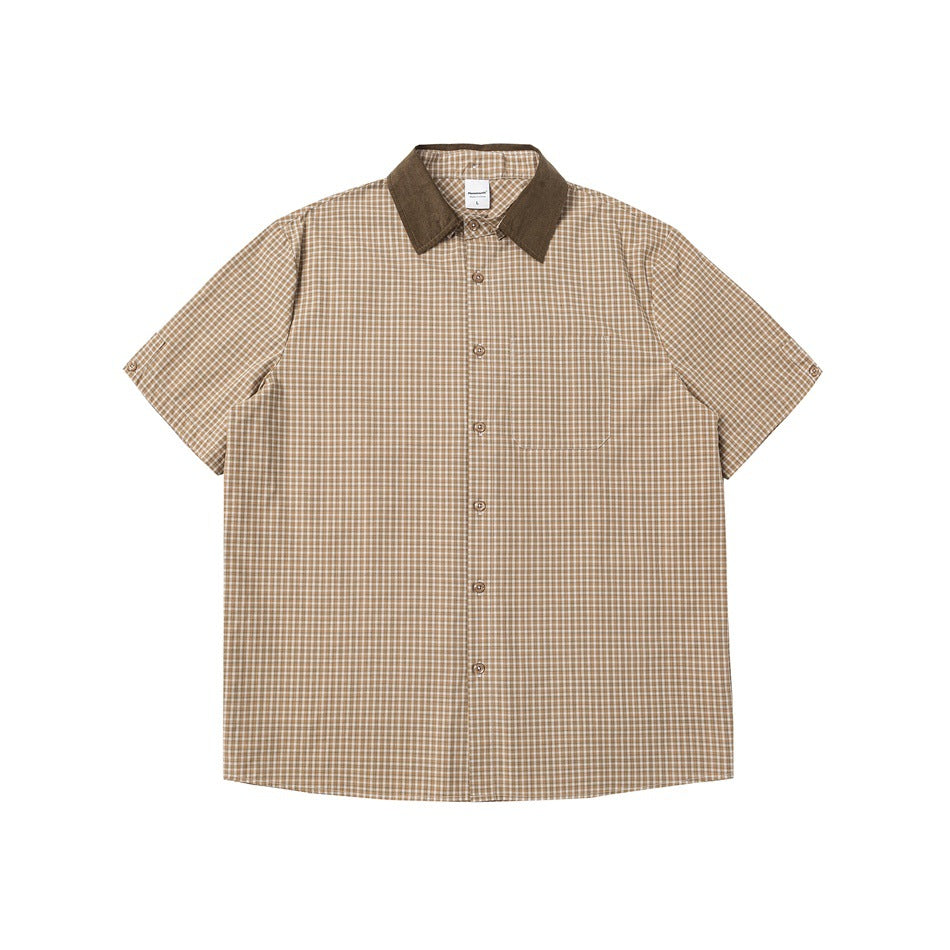 Tan small-check short-sleeve button shirt with brown textured collar and chest pocket, flat lay