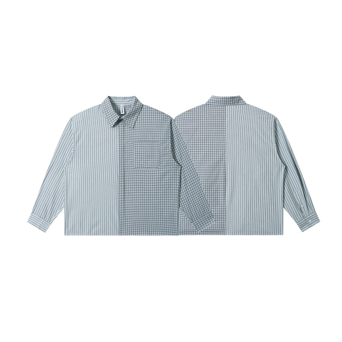 Long-sleeved collared shirt shown from front and back, mixing light blue stripes and gray-blue checks.