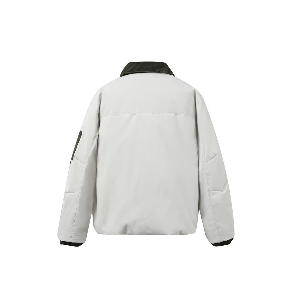 Back view of an off-white jacket with a dark collar, sleeve patch and dark cuff accents.