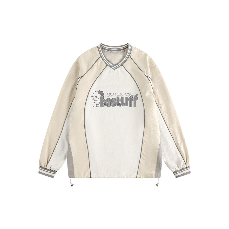 Beige and white color-block V-neck pullover with gray piping, striped trim, drawcord hem and cartoon cat chest print