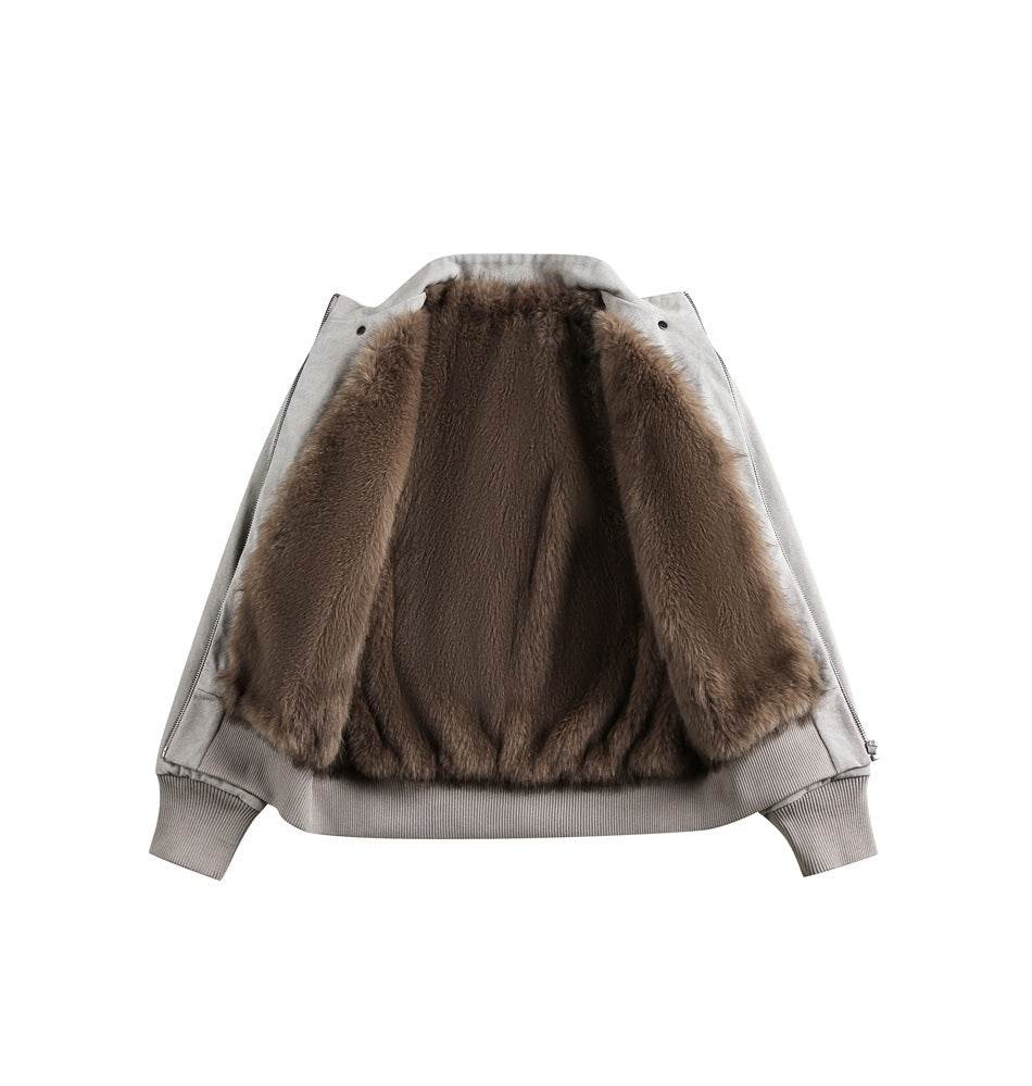 Taupe jacket opened flat to show its brown fur-lined interior, zipper edges, and rib-knit hem and cuffs.