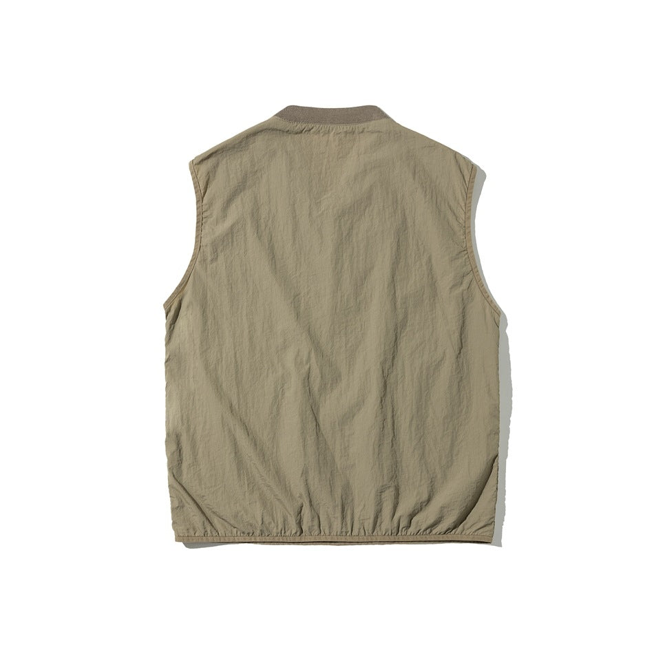 Back view of khaki sleeveless vest with ribbed collar and plain back panel