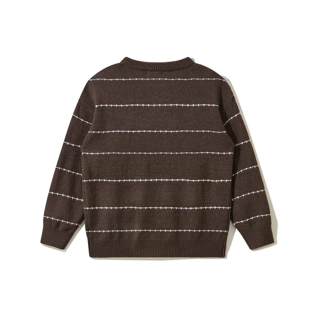 Back view of a dark brown crew-neck sweater with thin cream horizontal stripes and ribbed cuffs and hem.