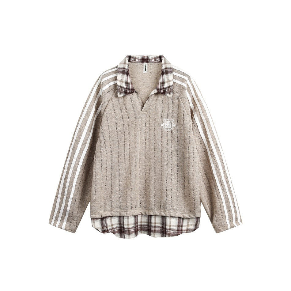 Brown long-sleeve polo-collar top with plaid collar and hem, white three-stripe sleeves and an embroidered chest crest
