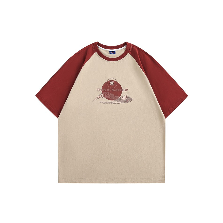 Beige short-sleeve raglan T-shirt with red sleeves and collar and a red sun and wave graphic on the chest