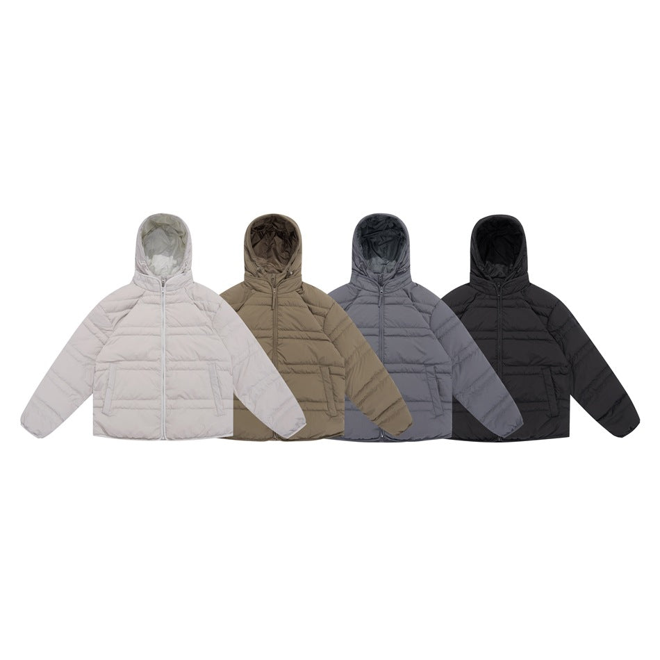 Four hooded quilted jackets shown together in off-white, brown, gray, and black.