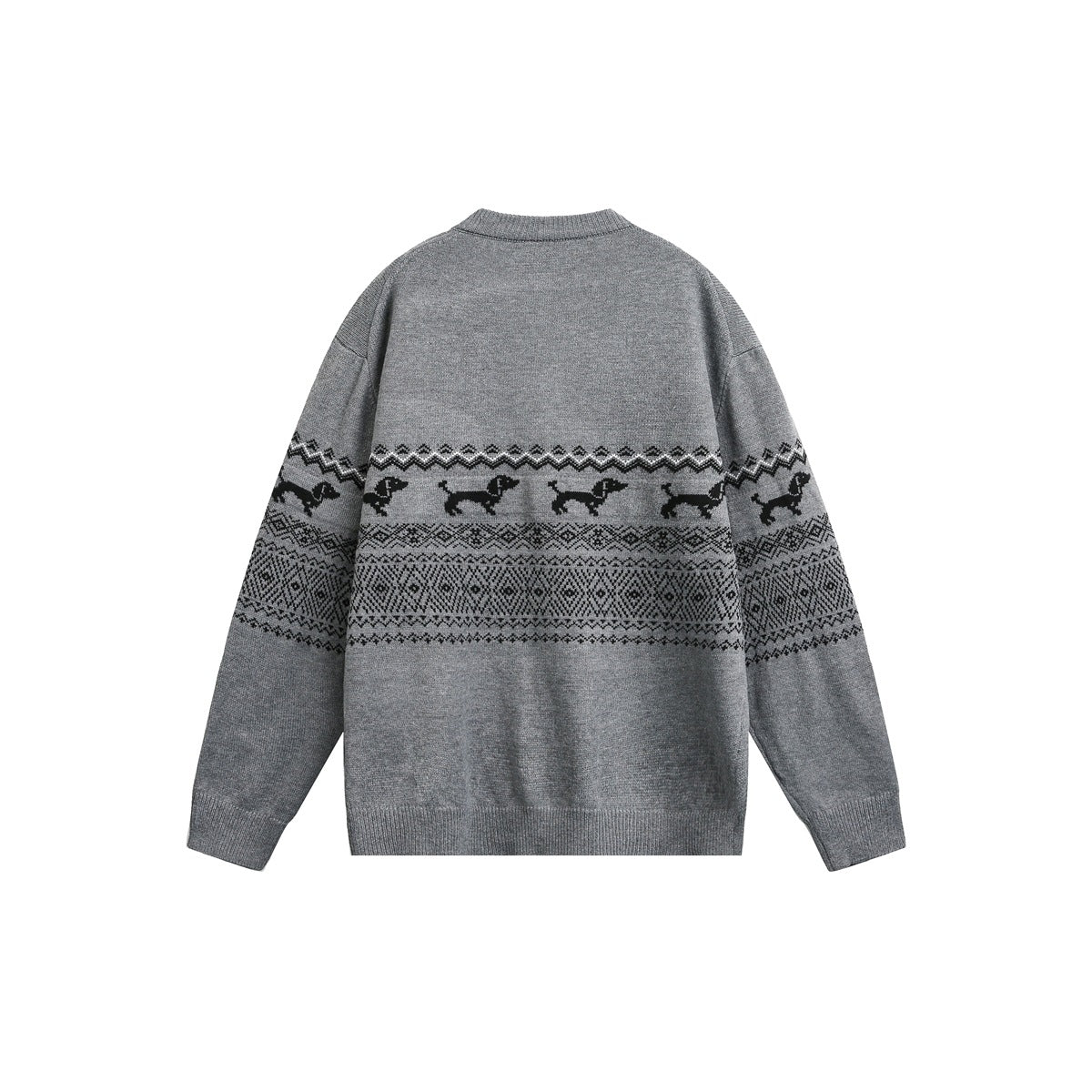 Back view of a gray knit cardigan with dark dog motifs and geometric bands across the sleeves and body.