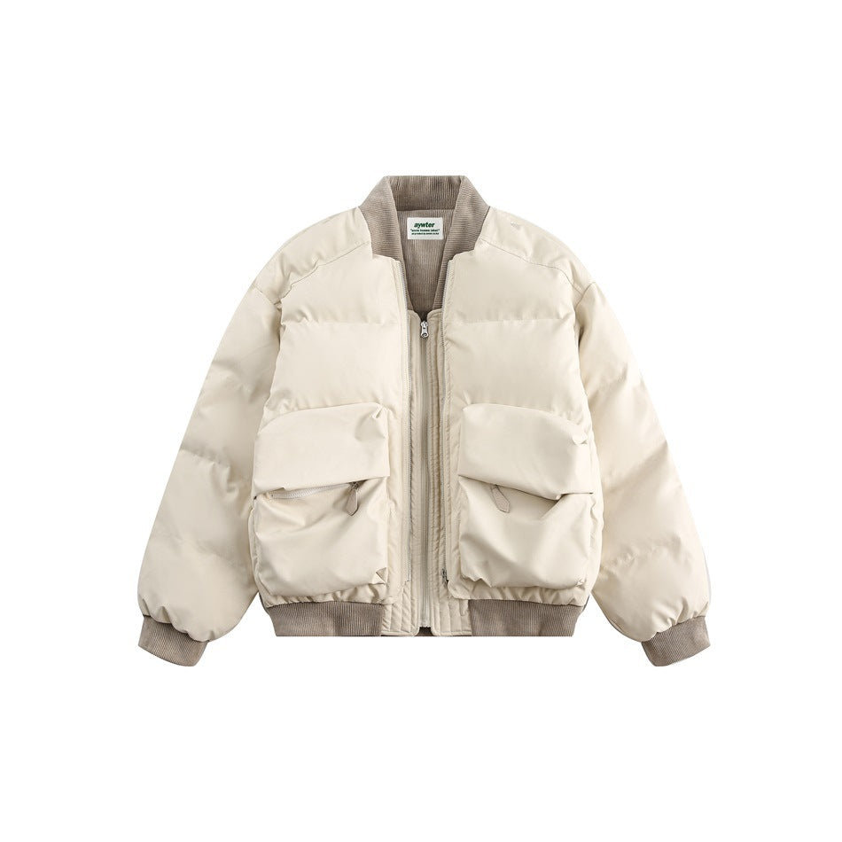 Front view of an ivory quilted jacket with a zip front, ribbed taupe collar and cuffs, and two large flap pockets.