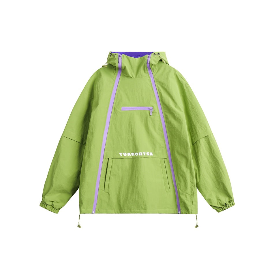 Lime green hooded jacket with diagonal lilac zippers, chest zip pocket and large front pocket, flat lay front view