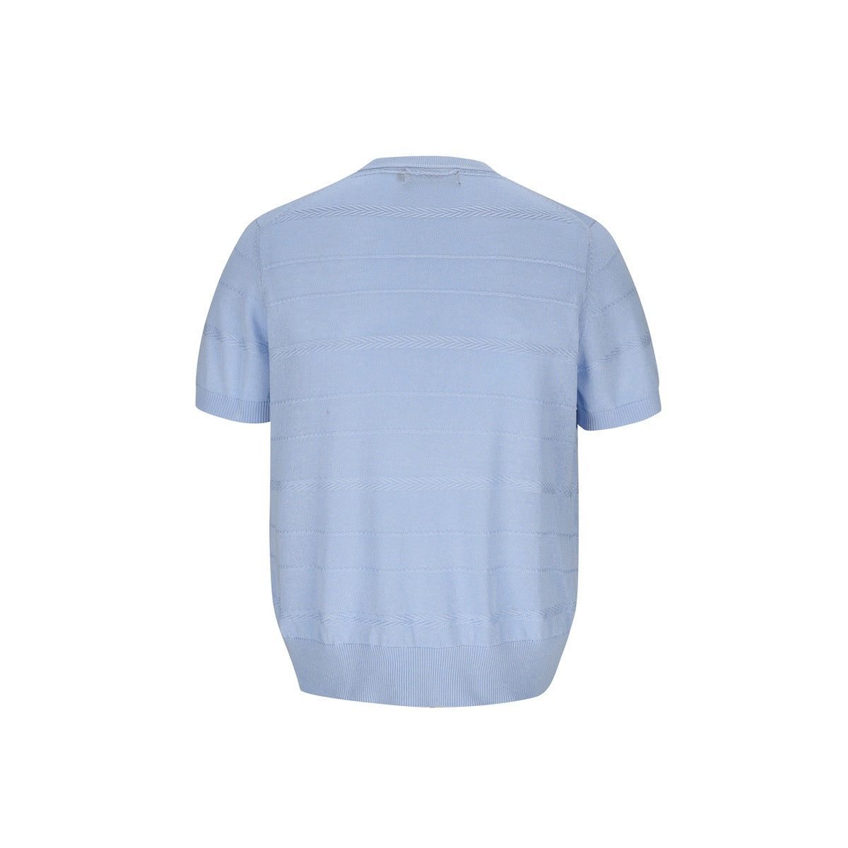 Back view of a light blue short-sleeve knit crewneck shirt with horizontal textured bands.