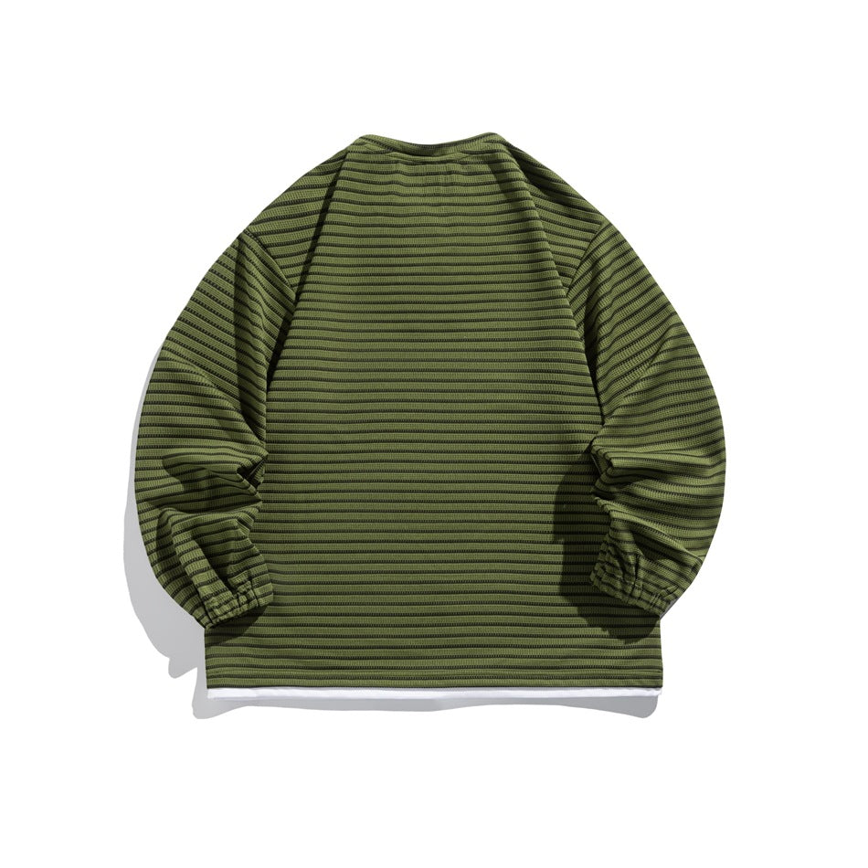 Back view of an olive-green and black striped long-sleeve top with a straight hem and gathered cuffs.